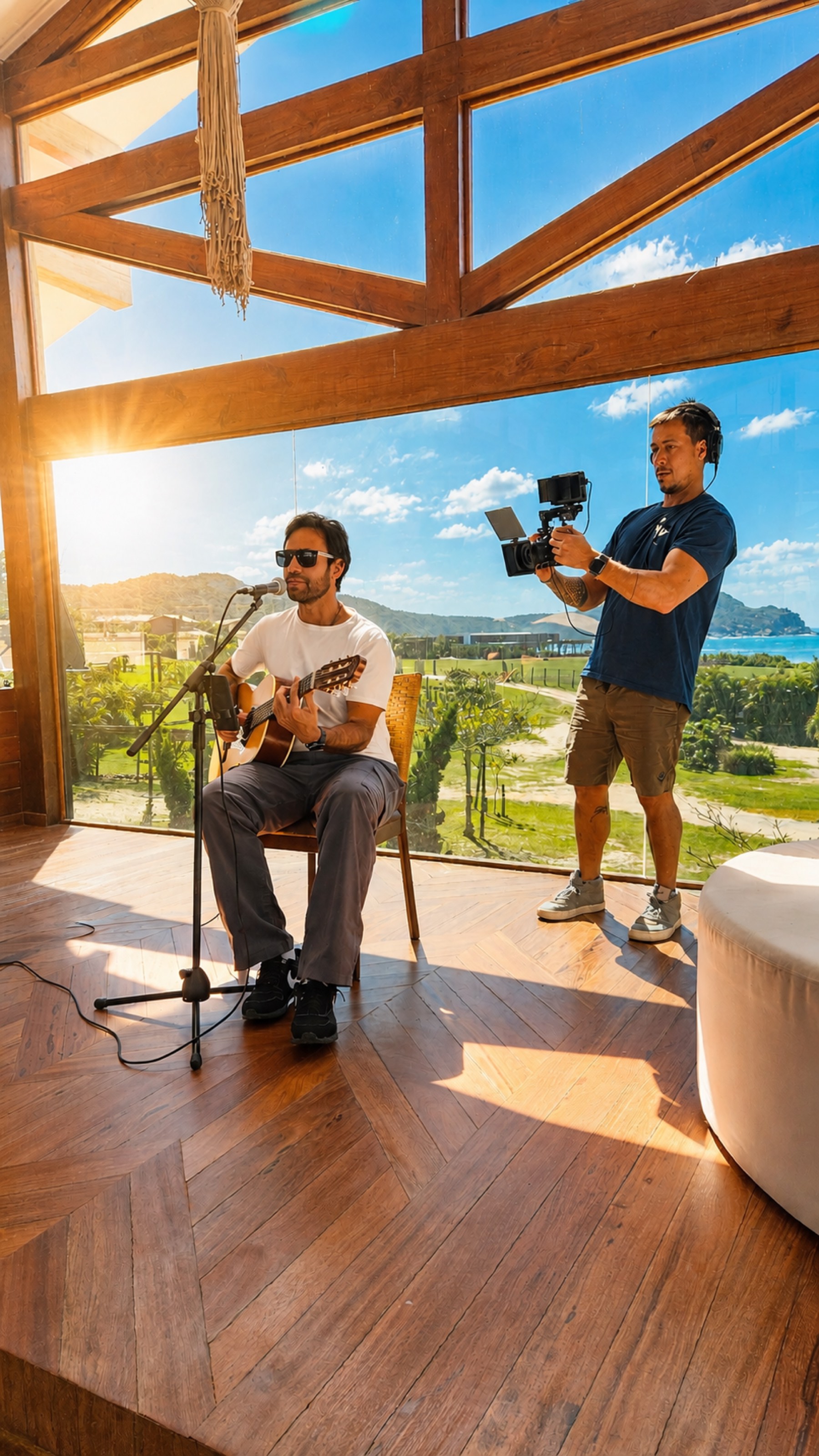 Erick Fontes tocando violão em ambiente aberto com vista para o mar
